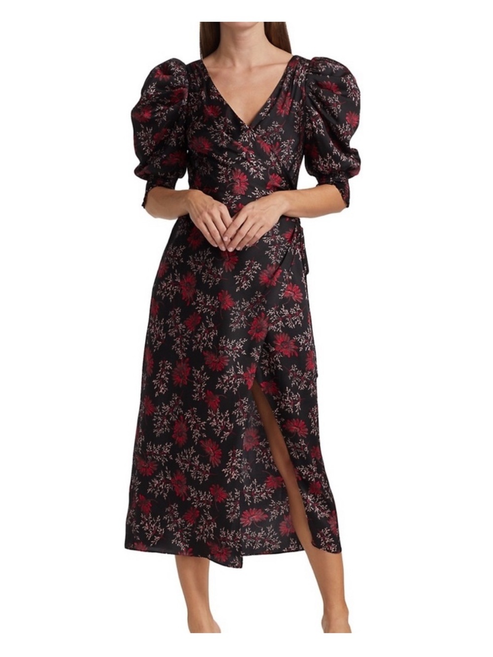cinq a sept Black Midi Wrap Dress with Red Daisy Print